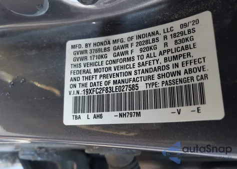 2020 Honda Civic Sport z USA, uszkodzony, nr VIN 19XFC2F83LE027585